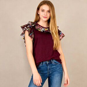 $330 NWOT SEE BY CHLOÉ Ruffle-trimmed Cotton Floral Top T-Shirt Size 38